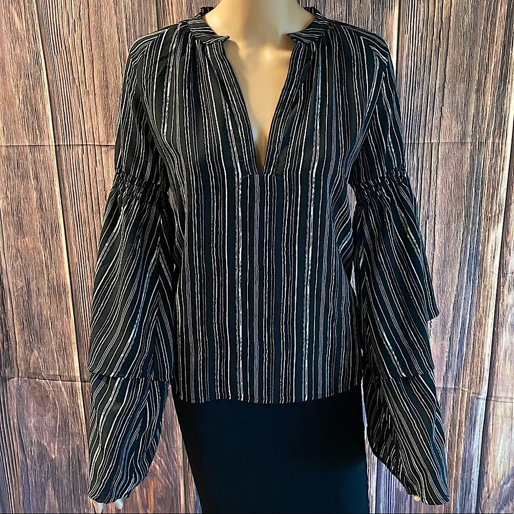 Skylar + Madison medium black white striped ruffle statement bell sleeve top